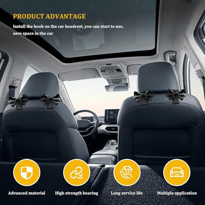 2PCS Car Hooks for Purses and Bags, Cute Bow Car Seat Headrest Hook, Car Accessories Multipurpose Back Seat Hanger Storage Organize Universal for Vehicles (2PCS-Black Bowknot)