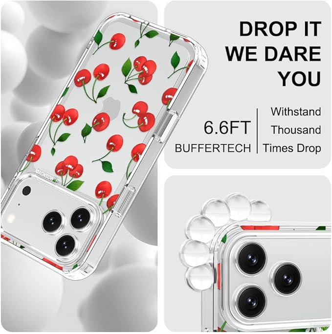 MOSNOVO for iPhone 17 Pro Max Case | Military Grade 6.6ft Drop Tested | Camera Control | Clear with Cute Cherry Design