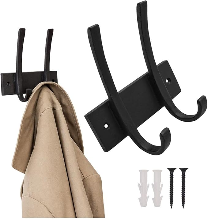 Mystic Colonial Medieval Hand-Forged Iron Double Wall Hook � 1 Pc | (5 in) Heavy Duty Rustic Black Coat & Hat Hanger | Vintage Decorative Hook for Coats, Towels, Bags, Keys & Home D�cor