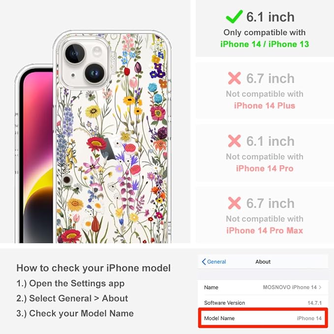 MOSNOVO for iPhone 13/14 Case | Military Grade 6.6ft Drop Tested | Clear with Wildflower Meadow Design