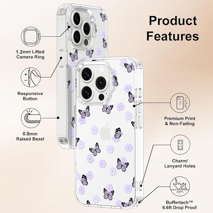 MOSNOVO Case for iPhone 14 Pro, [Buffertech 6.6ft Military-Grade Drop Protection] [Anti Peel Off Tech] Clear TPU Bumper Phone Case Cover Design - Lilac Butterfly