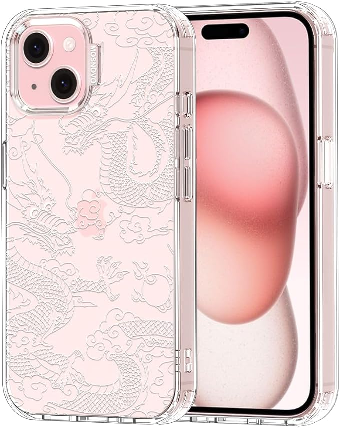 MOSNOVO Case for iPhone 15 Plus/iPhone 14 Plus, [Buffertech 6.6ft Military-Grade Drop Protection] [Anti Peel Off Tech] Clear TPU Bumper Phone Case Cover Design - White Dragon