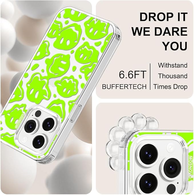 MOSNOVO Case for iPhone 14 Pro, [Buffertech 6.6ft Military-Grade Drop Protection] [Anti Peel Off Tech] Clear TPU Bumper Phone Case Cover Design - Distorted Green Smiles Face