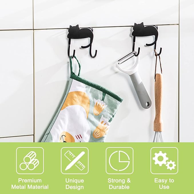 Over Cabinet Door Hooks, 3Pcs Iron Over Door Double Hooks Decorative Cat Over The Cupboard Drawer Hooks Multi-Purpose Hooks for Kitchen Bathroom Bedroom (Black)