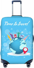 Travel Luggage Cover with Time to Travel Print, World Landmarks Design, Elastic Suitcase Protector for Suitcases (Fits 22-24 Inch Luggage)