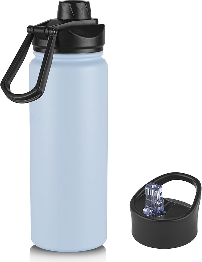 16 oz Insulated Water Bottle with Straw Lids, Stainless Steel Kids Water Bottles for School, Double Wall Vacuum Metal Water Bottle with Straw & Wide Mouth Lid, Light Blue 1 Pack
