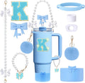 9pcs Stanley Cup Accessories Set- for 30oz 40oz Tumblers with Handle - Bule Kit Includes Bow Straw Topper and Boot, Charm, Pearl Handle Strap & Stickers - Aesthetic Girl Gifts (K)