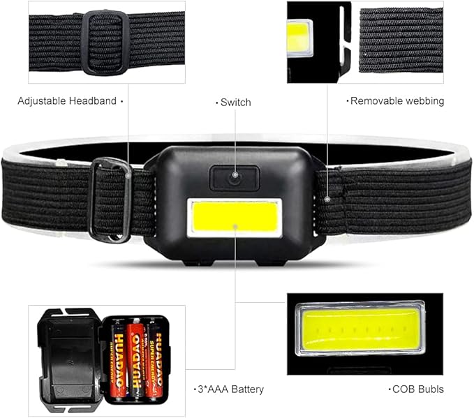 8 Pack Led Headlamp for Adults and Kids, 1.1oz/31g COB Flood Light Ultra Bright Head Lamp with 3 Modes 24 AAA Batteries, Waterproof Work Flashlight for Family Camping Running Reading Hiking