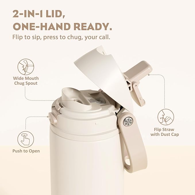 POWCAN 24 oz Insulated Water Bottle: 2-in-1 Push-Button Spout & Quick-Flip Straw, Leakproof, Cold 24Hrs, Fits Car Cup Holder, Stainless Steel Water Bottle for Sports, Travel, School, Gift (Oat Mousse)