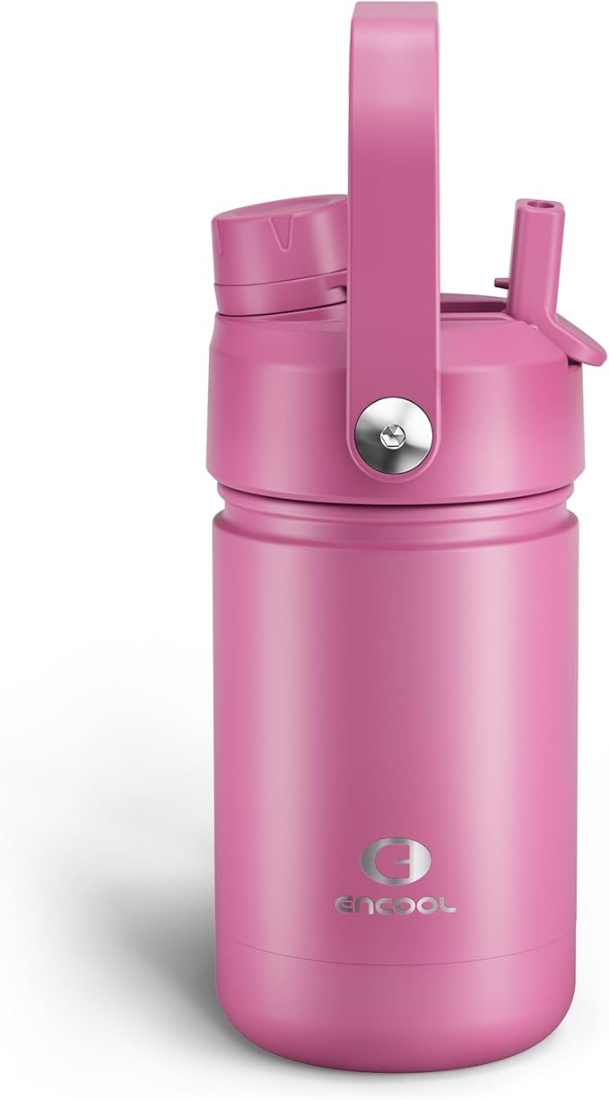 Kids Insulated Water Bottle with Straw - 12oz Stainless Steel Water Bottle with Dual Spouts, Leak-Proof, BPA-Free, Double Wall Vacuum Keeps Cold for 24 Hours for Sports, Travel, School (Turkish Rose)