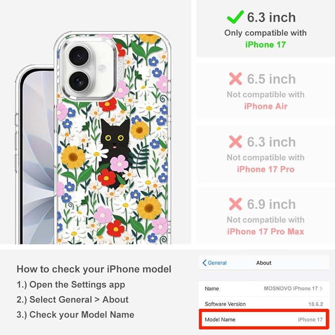 MOSNOVO for iPhone 17 Case | Military Grade 6.6ft Drop Tested | Camera Control | Clear with Black Cat in Garden Design