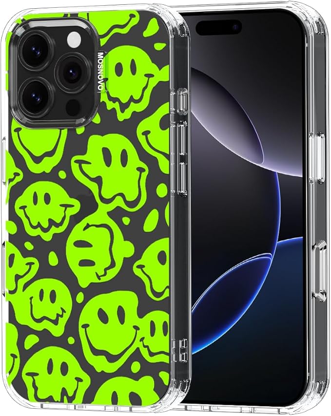 MOSNOVO Case for iPhone 16 Pro Max, [Buffertech 6.6ft Military-Grade Drop Protection] [Anti Peel Off Tech] Clear TPU Bumper Phone Case Cover Design - Distorted Green Smile Face