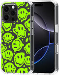 MOSNOVO Case for iPhone 16 Pro Max, [Buffertech 6.6ft Military-Grade Drop Protection] [Anti Peel Off Tech] Clear TPU Bumper Phone Case Cover Design - Distorted Green Smile Face