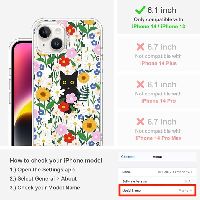 MOSNOVO for iPhone 13/14 Case | Military Grade 6.6ft Drop Tested | Clear with Black Cat in Garden Design