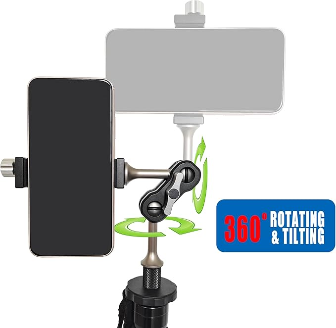 AUSCAMOTEK Aluminum Phone Mount with 1/4 Inch Screw for Tripods – 360° Adjustable Arm, Fits 2 to 3.6 Inch Phones, Vertical or Horizontal Shooting for Hunting, Shooting, Filming, and Outdoor Use