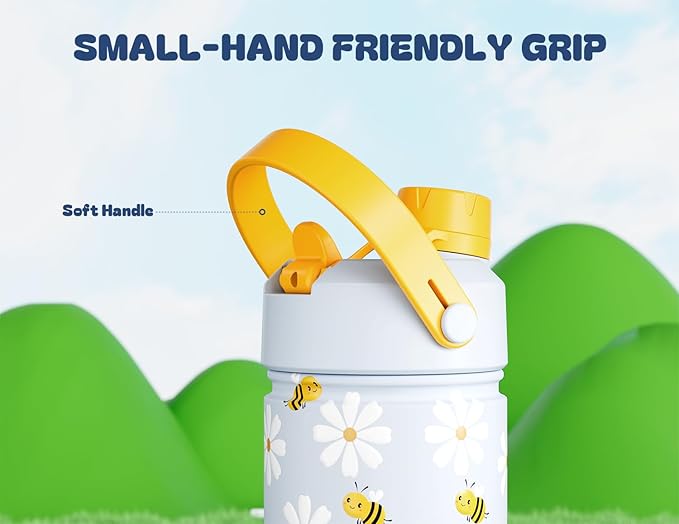 12 oz Insulated Water Bottle for Kids: 2-in-1 Straw Spout Lid, Spill-proof, BPA-Free, Easy Clean, Keep Cold 24H, Cute Bee Patterns, Stainless Steel Cup for School, Travel, Playtime, Gift (Daisy Buzz)