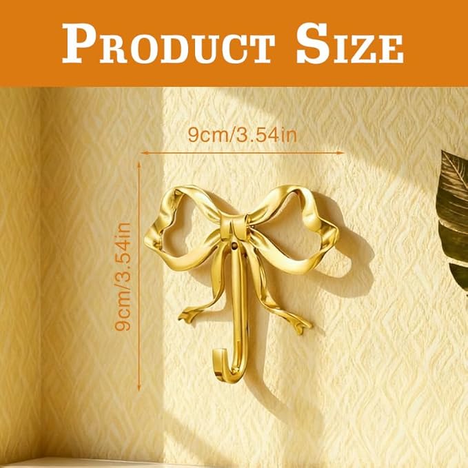 2 Pcs Gold Bow Wall Hooks - Elegant Brass Coat Hanger, Multi-Purpose Towel Hooks for Bathroom, Living Room & Kitchen - Elegant Gift for Home Decor (Gold 2L)