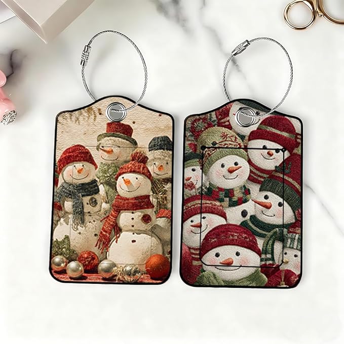 2 Pack Cute Snowman Luggage Tags for Suitcases, Festive Winter Wonder ID Tags with Privacy Cover, PU Leather Bag Identifiers, Spring Ski Trip & Summer Vacation Gift, Mother's Day, 2 Styles