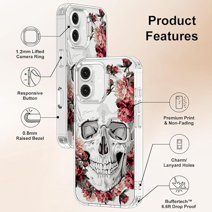 MOSNOVO Case for iPhone 16, [Buffertech 6.6ft Military-Grade Drop Protection] [Anti Peel Off Tech] Clear TPU Bumper Phone Case Cover Design - Red Flower Skull