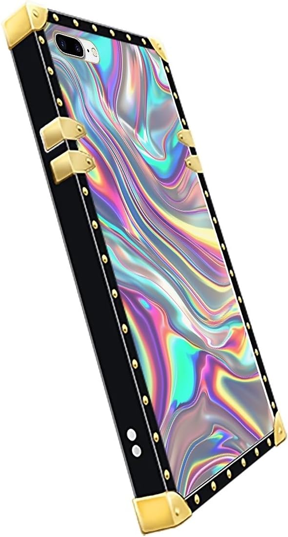 Compatible with iPhone 8 Plus 7 Plus Case, Holographic Abstract Iridescent Textures Luxury Golden Decoration for Girl Women Soft TPU Shockproof Protective Hard PC Back
