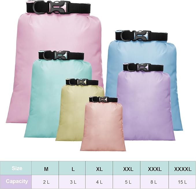 Shappy 6/12 Pcs Waterproof Dry Bags, Lightweight Outdoor Waterproof Dry Stuff Sacks 15/8/5/4/3/2 L and Long Adjustable Shoulder Strap for Kayaking Rafting Boating Hiking Camping