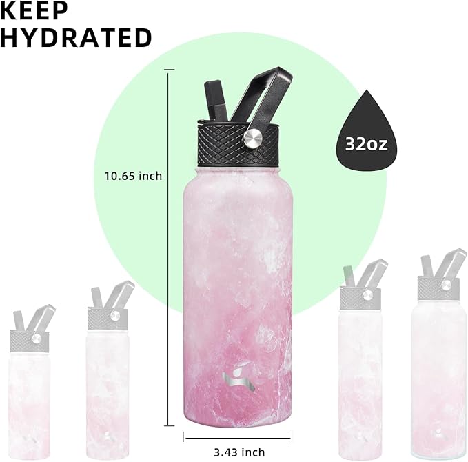 Konokyo 32 oz Insulated Water Bottle Stainless Steel Sport Bottles with 3 Lids,Marble Blossom