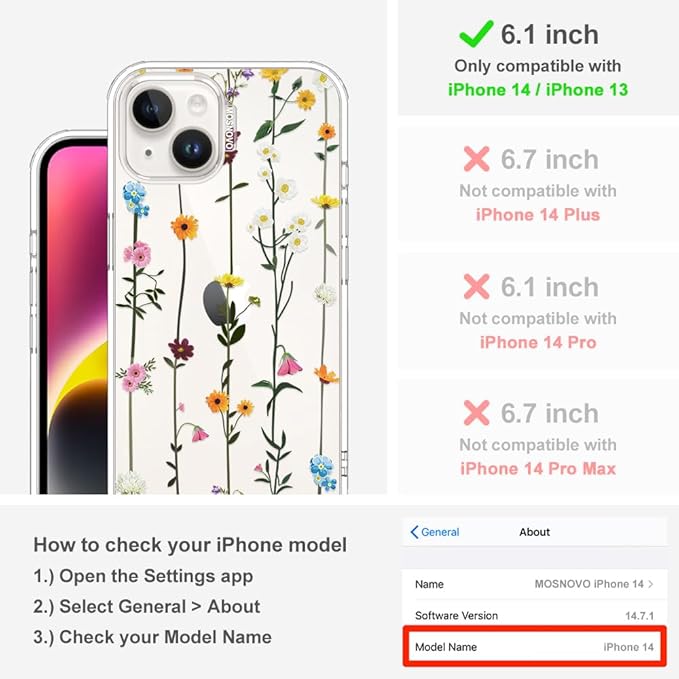 MOSNOVO for iPhone 13/14 Case | Military Grade 6.6ft Drop Tested | Clear with Wildflowers Design