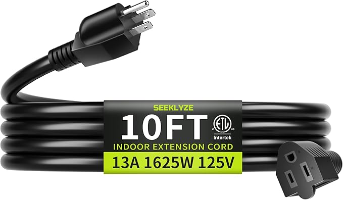16/3 Black Extension Cord 10 FT, Indoor Extension Cord for Laptops, Coffee Makers, Office Home Appliances, 3 Prong Resistant Cable Flexible, 13A 125V 1625W ETL Listed