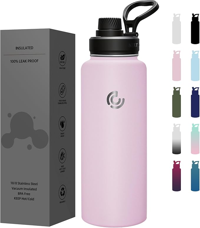 Sports Water Bottle 40oz, Insulated Water Bottle with Handle,Stainless Steel,Simple Modern,Suitable for Travel, School, Boy, Girl(Blush)