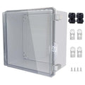 IP67 Waterproof Junction Box, ABS Plastic Electrical Enclosure with Stainless Steel Latch, Hinged Cover Electric Box with Mounting Plate, Wall Brackets & Cable Glands 300x300x180mm
