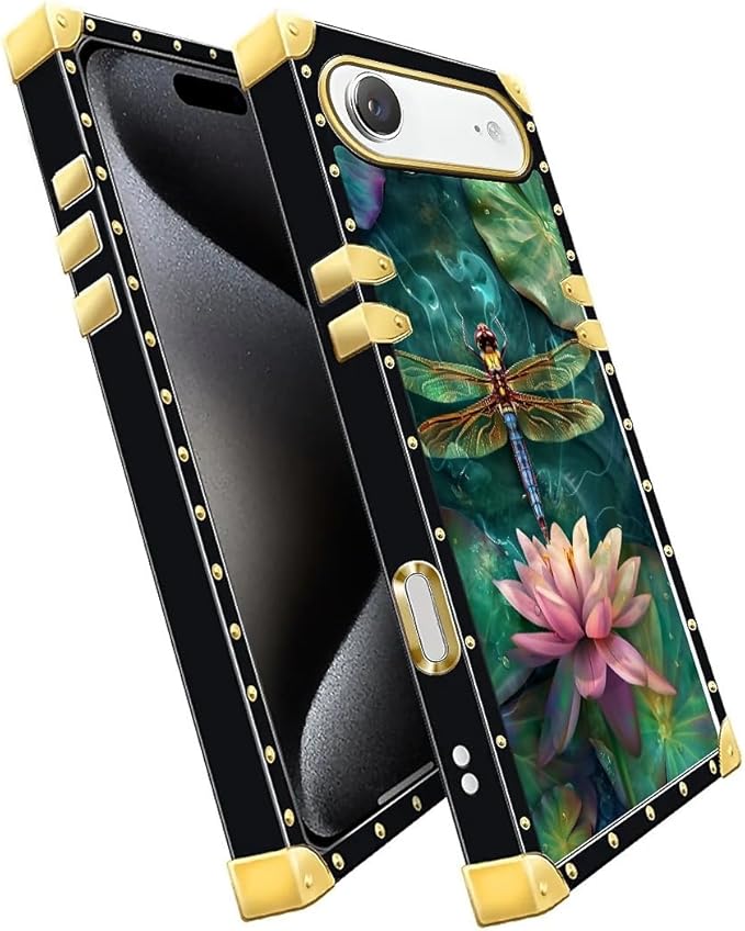 for iPhone 17 Air Case Luxury Golden Decoration for Girl Women Soft TPU Shockproof Protective Hard PC Back for iPhone 17 Air Crazy Pattern Colourful Dragonfly Pink Lily Pads