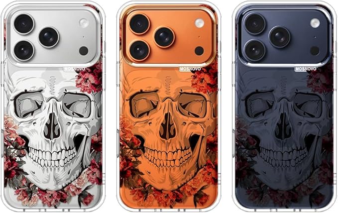 MOSNOVO for iPhone 17 Pro Case | Military Grade 6.6ft Drop Tested | Camera Control | Clear with Red Flower Skull Design