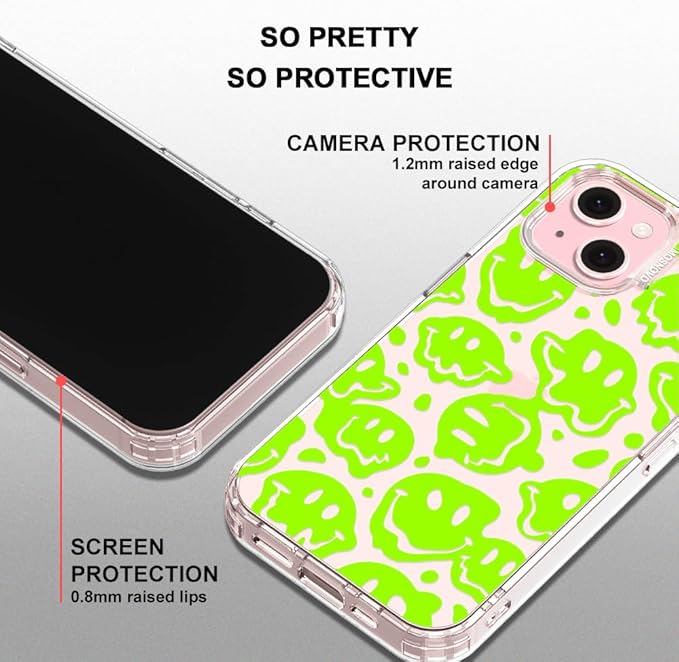 MOSNOVO Case for iPhone 15, [Buffertech 6.6ft Military-Grade Drop Protection] [Anti Peel Off Tech] Clear TPU Bumper Phone Case Cover Design - Distorted Green Smiles Face