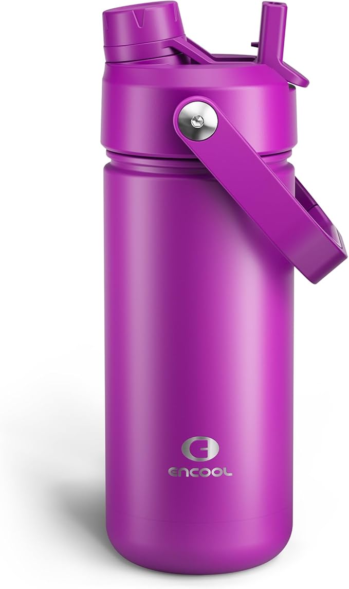 ENCOOL Insulated Water Bottle with Straw Stainless Steel Water Bottle, Leak-Proof, BPA-Free, Double Wall Vacuum Keeps Cold for 24 Hours for Sports, Travel, School (18 oz, Bright Magenta)