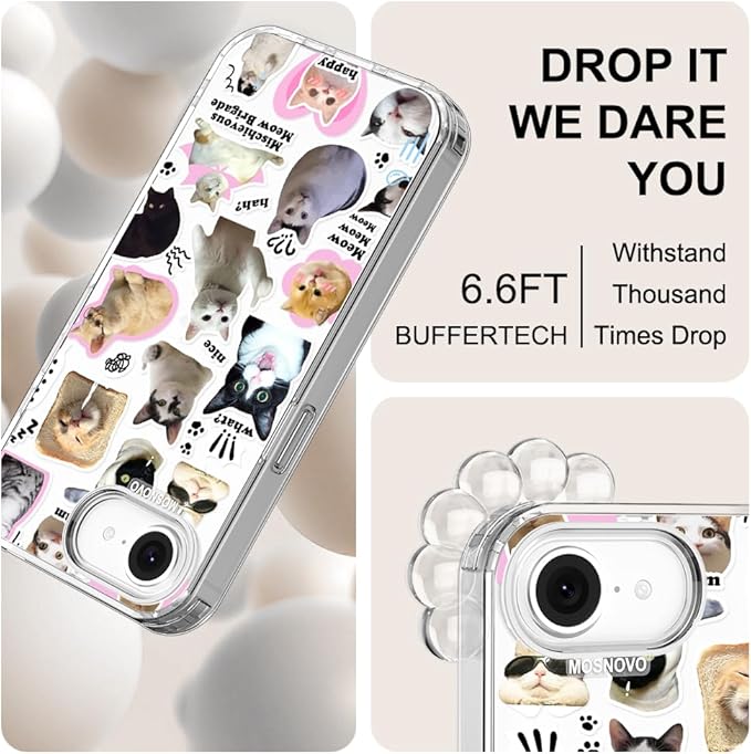 MOSNOVO for iPhone 17e Case/iPhone 16e Case, Shockproof Military-Grade Protection 6.6ft Drop Tested, Clear Phone Case for iPhone 16e / iPhone 17e, The Cat Brigade Design