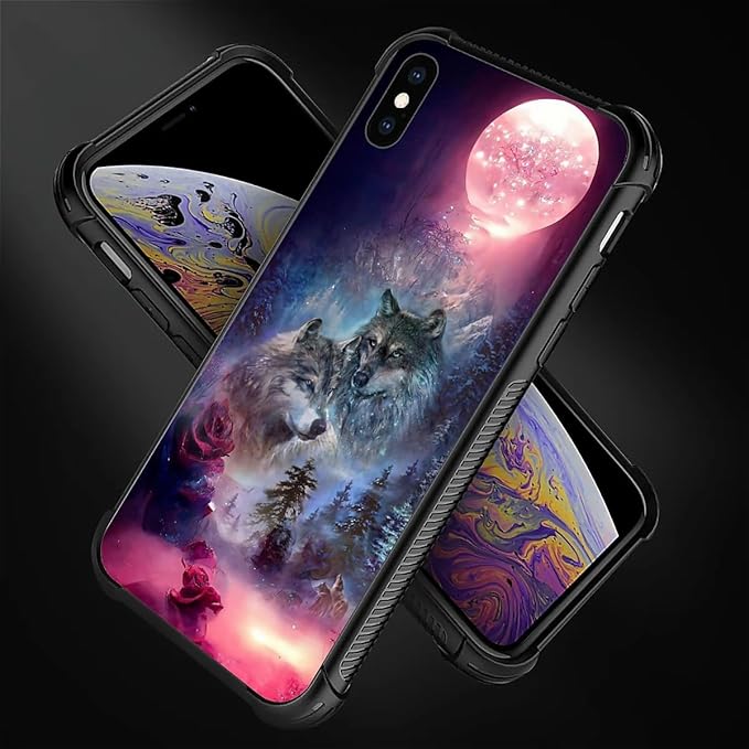 for iPhone X/Xs Case, Star Two Wolfs Howling Pattern Graphic Design Girl Boy Soft Silicone Hard Acrylic Shock Protection for iPhone X/Xs