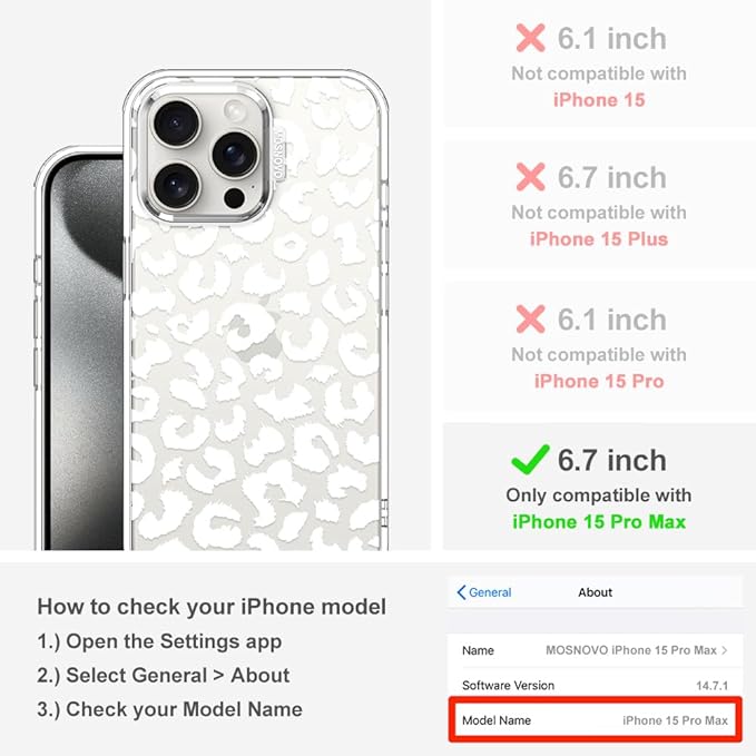 MOSNOVO Case for iPhone 15 Pro Max, [Buffertech 6.6ft Military-Grade Drop Protection] [Anti Peel Off Tech] Clear TPU Bumper Phone Case Cover Design - White Leopard Print