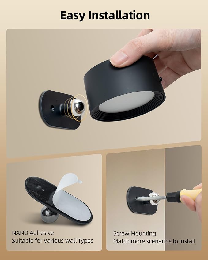 LED Wall Mounted Lights, Rechargeable Wall Sconce Lamps, 3 Color Temps & Remote and Touch, 360° Rotation Dimmable Cordless Wall Light for Study Bedroom Reading Bedside (Black, 2 Pack)