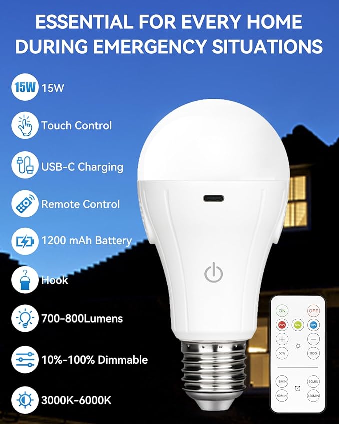 WirelessGlow Rechargeable Light Bulbs with Remote, 3 Color Temperatures and Dimmable Battery Operated Light Bulbs, Touch Control + USB Rechargeable Battery Light Bulb, A19, 2 Pack