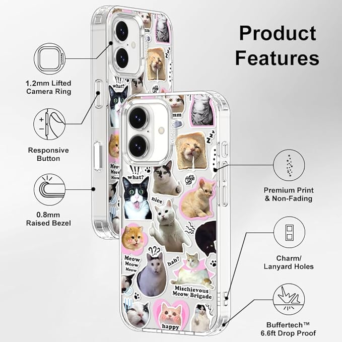MOSNOVO for iPhone 17 Case | Military Grade 6.6ft Drop Tested | Camera Control | Clear with The Cat Brigade Design