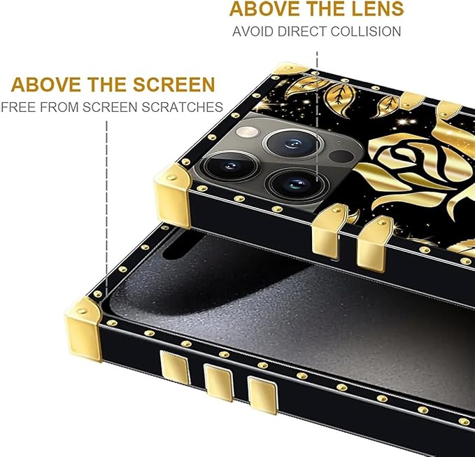 Compatible with iPhone 16 Pro Max Case, Shine Gold Rose Luxury Golden Decoration for Girl Women Soft TPU Shockproof Protective Hard PC Back for iPhone 16 Pro Max