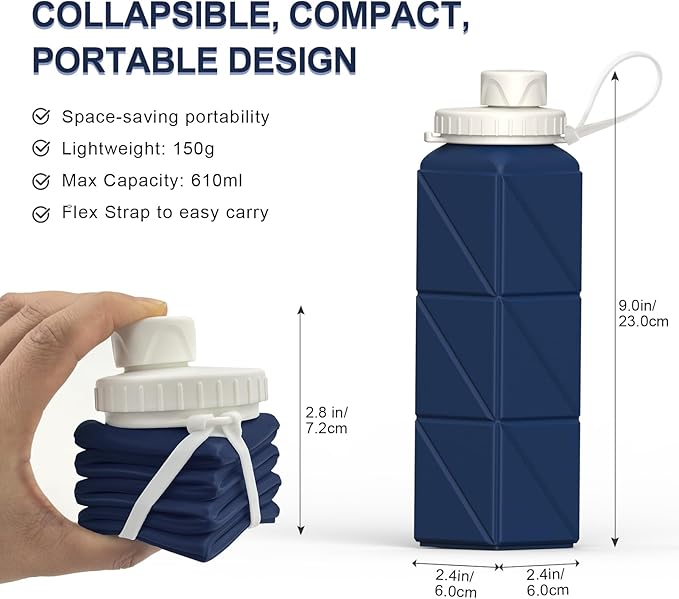 BEAUTAIL Collapsible Water Bottles 20.6oz, Silicone Foldable Portable Travel Water Bottle, BPA-Free, Leakproof Reusable for Traveling Camping Hiking Cycling Yoga Sports Outdoor, 1 Pack (Dark Blue)