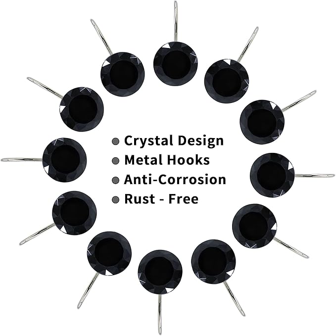 MitoVilla Black Shower Curtain Hooks Rings, Metal Shower Hooks for Shower Curtain Liner, Black Rust Proof Shower Rings for Curtain Accessories and Bathroom Shower Rod, 12 Pack Bathroom Set