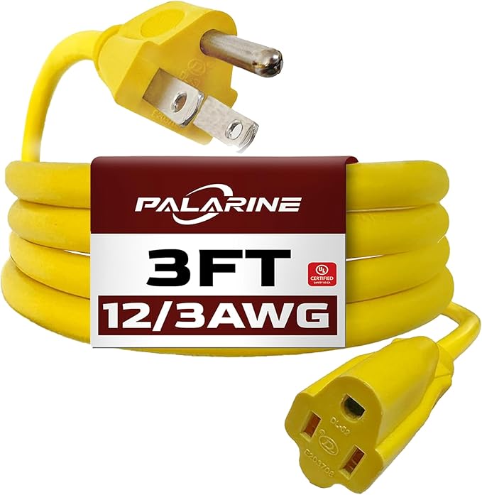 3ft Yellow Extension Cord Waterproof, UL Listed, 12/3 SJTW Heavy Duty 3 Prong, 12 Gauge 15A Power Cord Ideal for Lights, Appliances, and Lawn