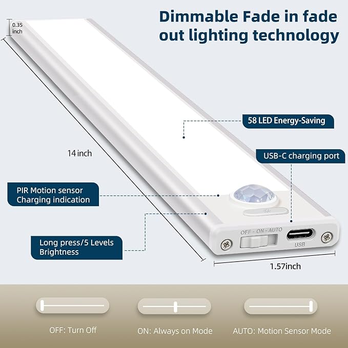 14inch Under Cabinet Lighting, 4 Pack Rechargeable Motion Sensor Light Indoor, Wireless Dimmable Magnetic Closet Lights, 58 LED Under Counter Lights for Kitchen, Wardrobe, Stairs, White Light