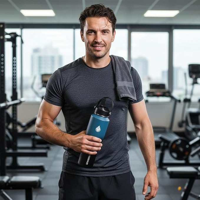 SENDESTAR Water Bottle 32oz,Wide Mouth Stainless Steel Vacuum Insulated Double Wall Keep Liquids Cold or Hot All Day,Sweat Proof Sport Design,Fit Car Cup Holder,(Straw and Spout lid)(Dark blue&Balck)