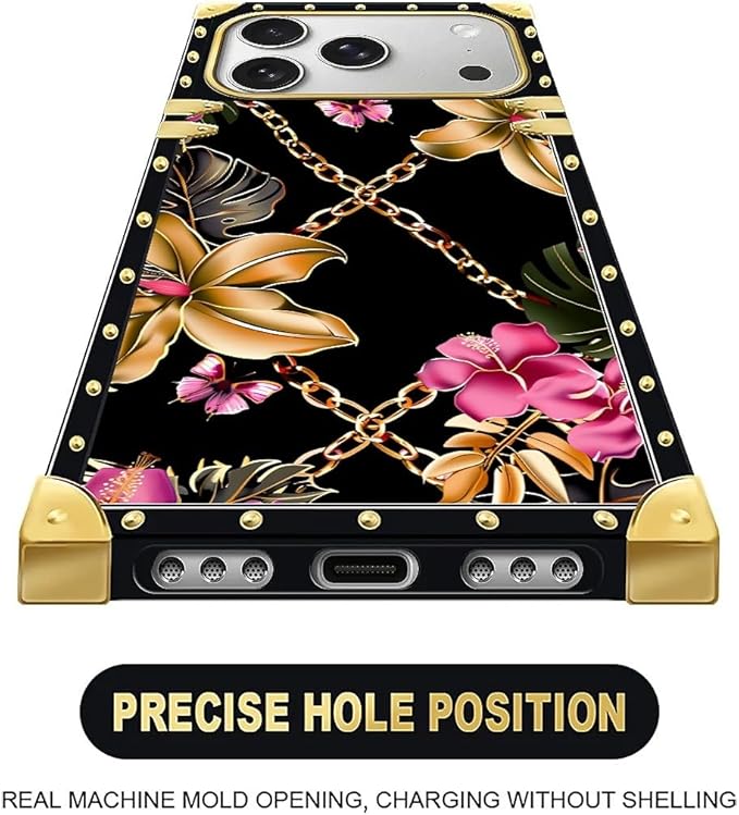 for iPhone 17 Pro Max Case Luxury Golden Decoration for Girl Women Soft TPU Shockproof Protective Hard PC Back for iPhone 17 Pro Max Crazy Pattern Pink Golden Chain Tropical Flower