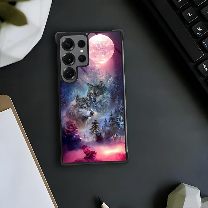 for Samsung Galaxy S25 Ultra Case,Graphic Design for Girl Boy Soft Silicone Hard Acrylic Shock Protection Designed for Samsung Galaxy S25 Ultra Star Two Wolfs Howling Pattern