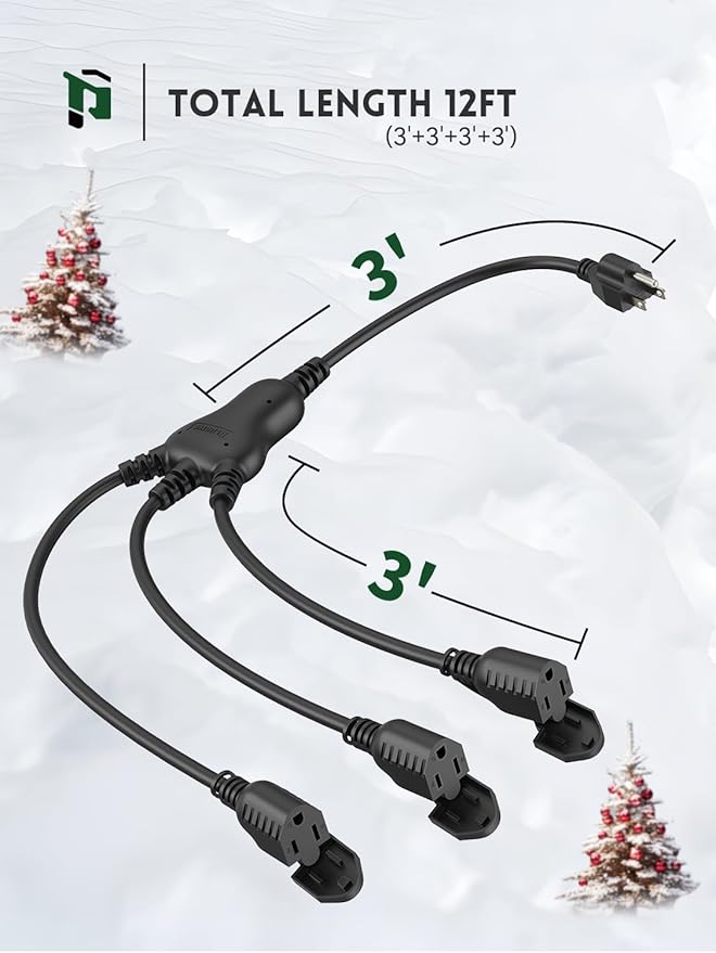 PLUGTUL 12FT Outdoor Extension Cord with Multiple Outlets, 1 to 3 Splitter Max 6FT End to Male Plug (Total 12FT) 16/3 SJTW Waterproof Power Cord for Halloween Christmas, ETL Listed, Black
