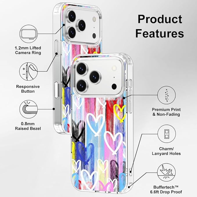 MOSNOVO for iPhone 17 Pro Case, Shockproof Military-Grade Protection 6.6ft Drop Tested, Camera Control, Clear Phone Case for iPhone 17 Pro, Graffiti Hearts Design